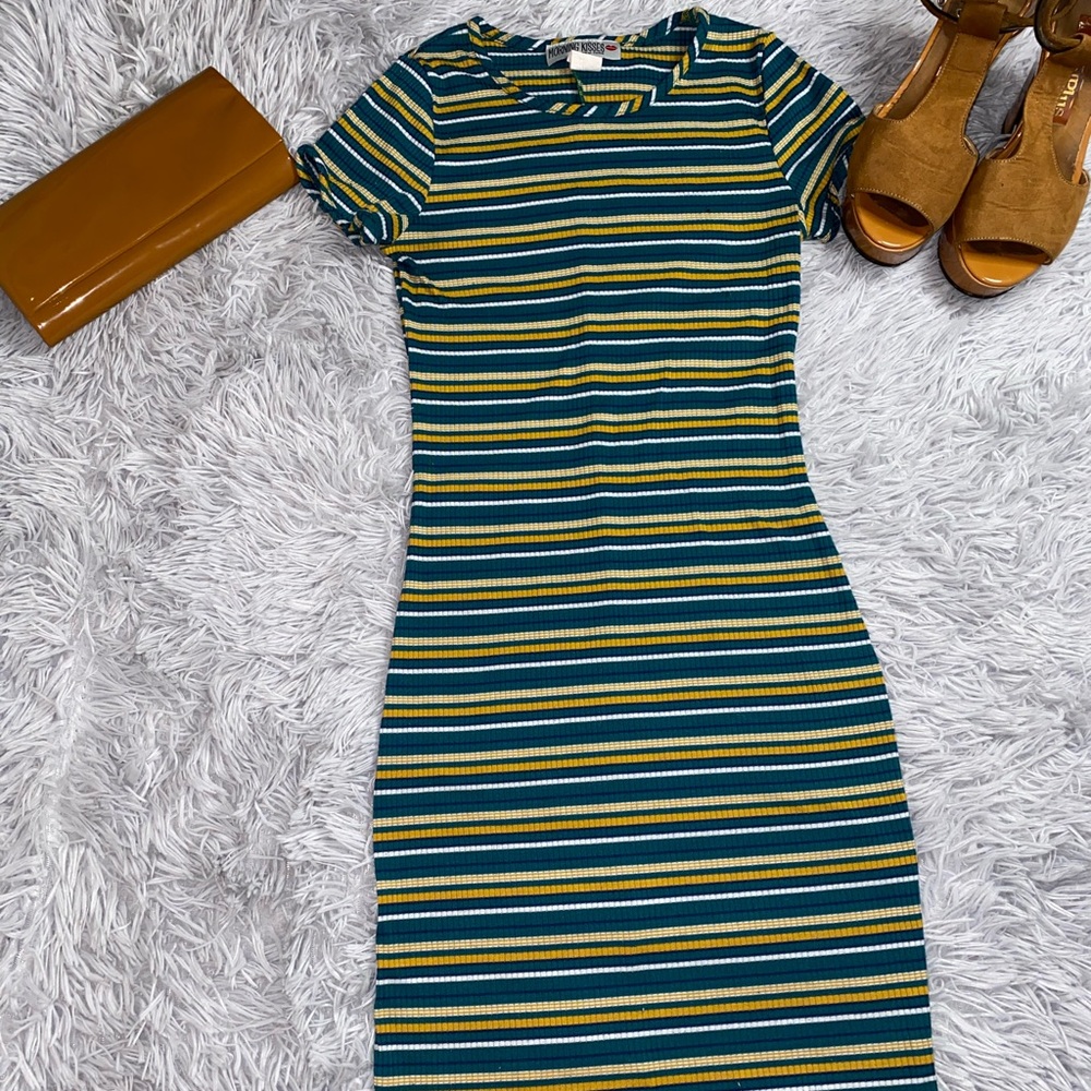 Midi Stretchy Green-yellow and white striped dress size small.
